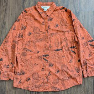 Diane von Furstenberg Button Up Shirt Women's Large Red Atlas Globe Print